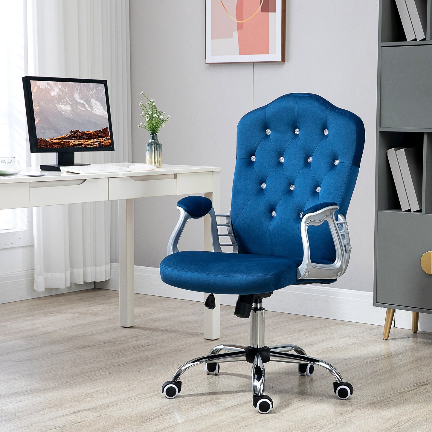 Uvelia Velvet Button Tufted Office Chair, Blue