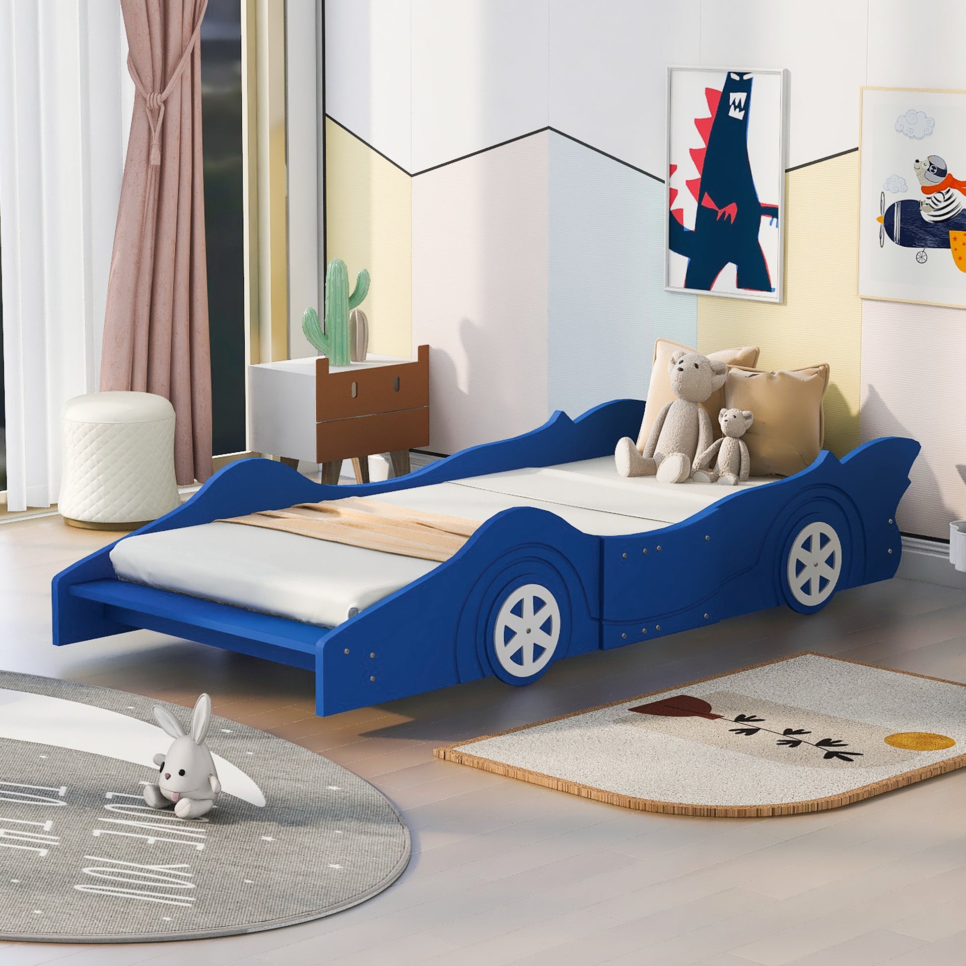 Bart Twin Size Race Car-Shaped Platform Bed with Wheels,Blue