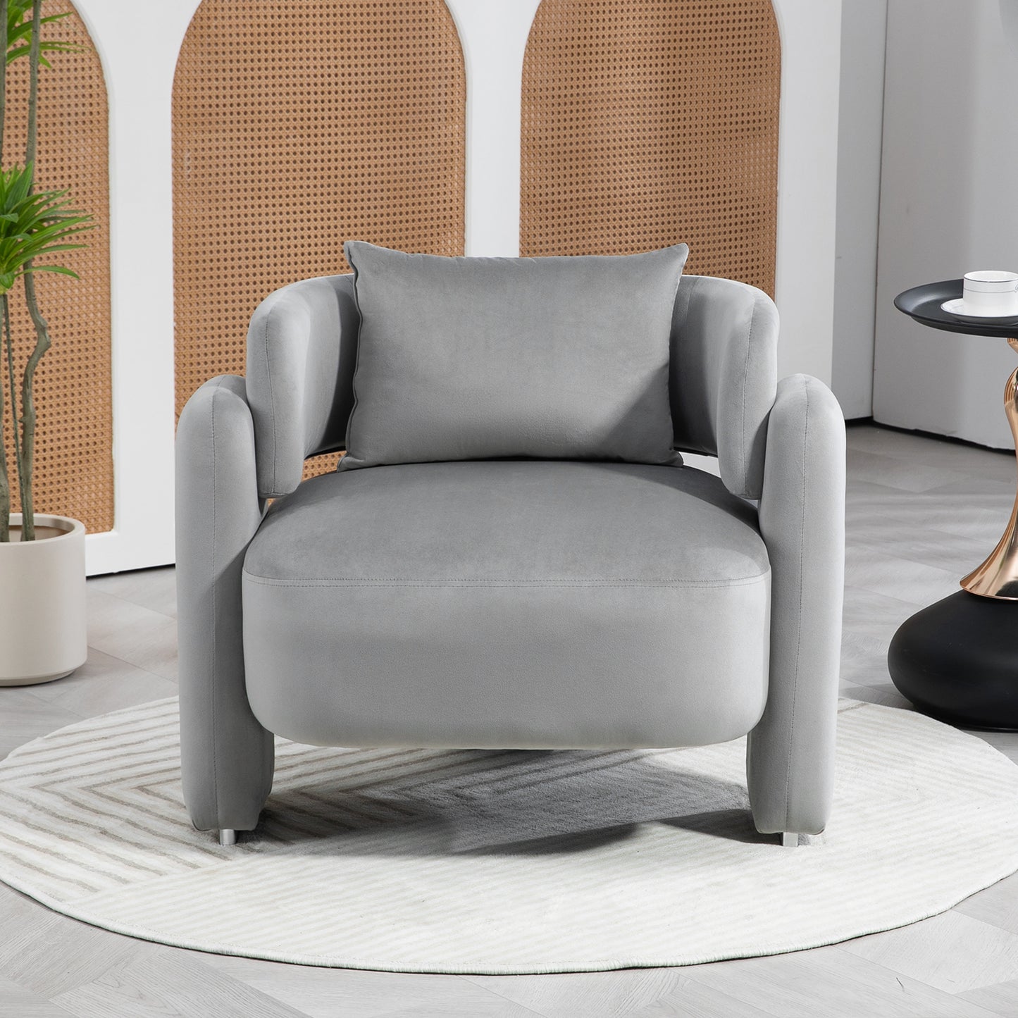 Chic Grey Velvet Lounge Chair with Pillows for Living Room or Bedroom