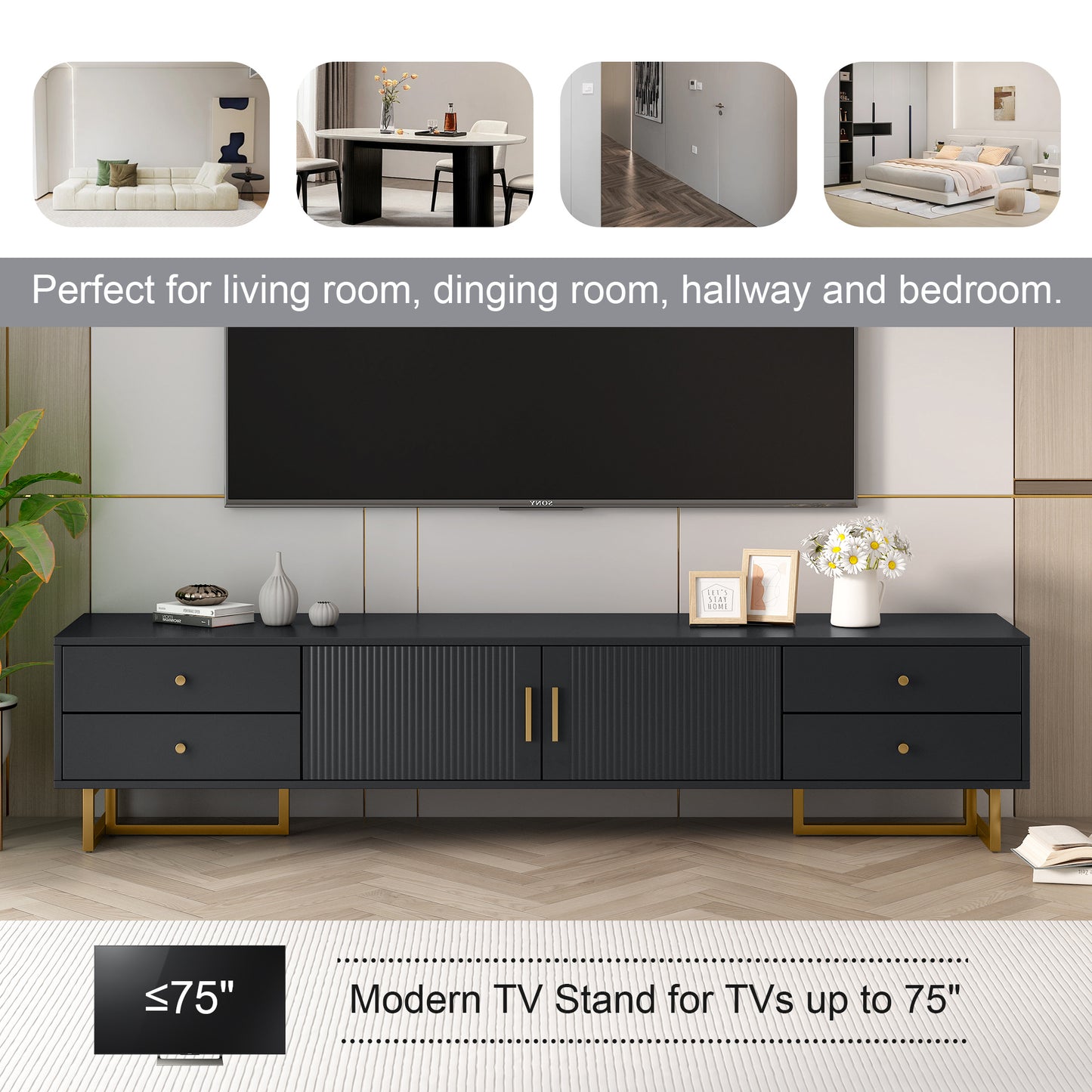 Hazel 71' Modern TV Stand with Gold Legs, Black