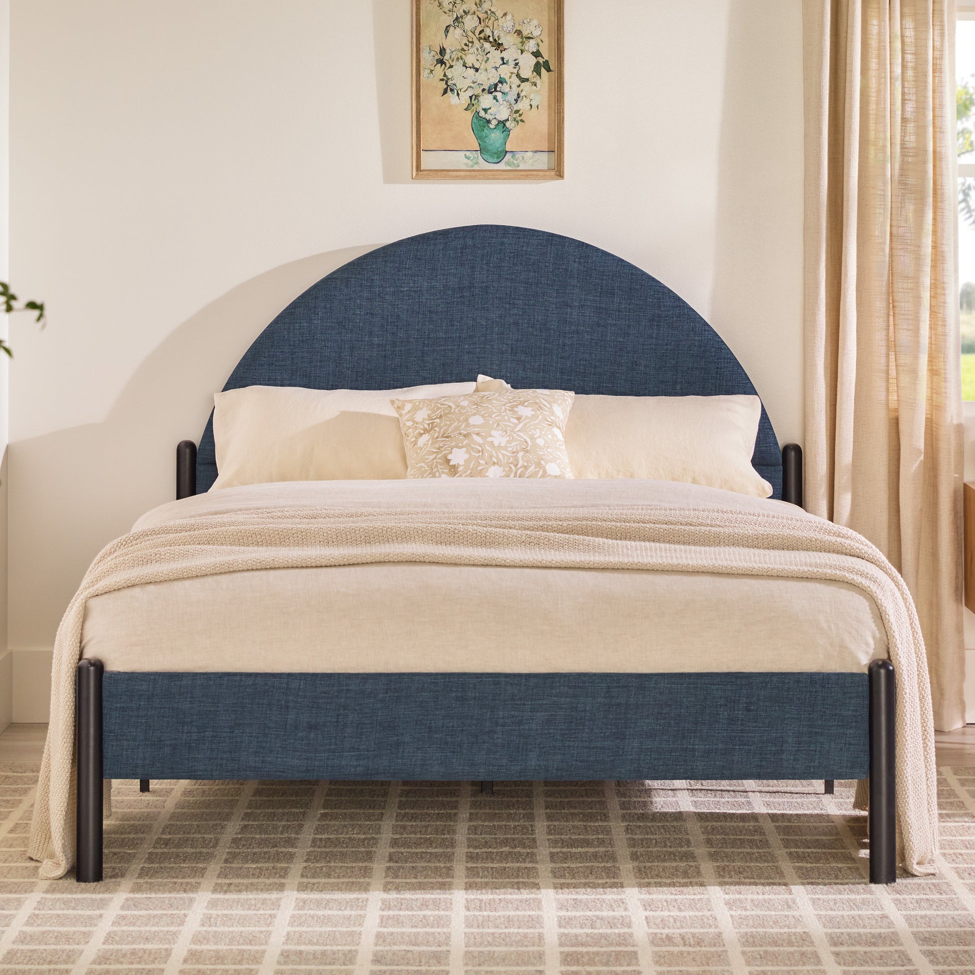 Alina Modern Upholstered Curved Headboard Queen Bed – Blue