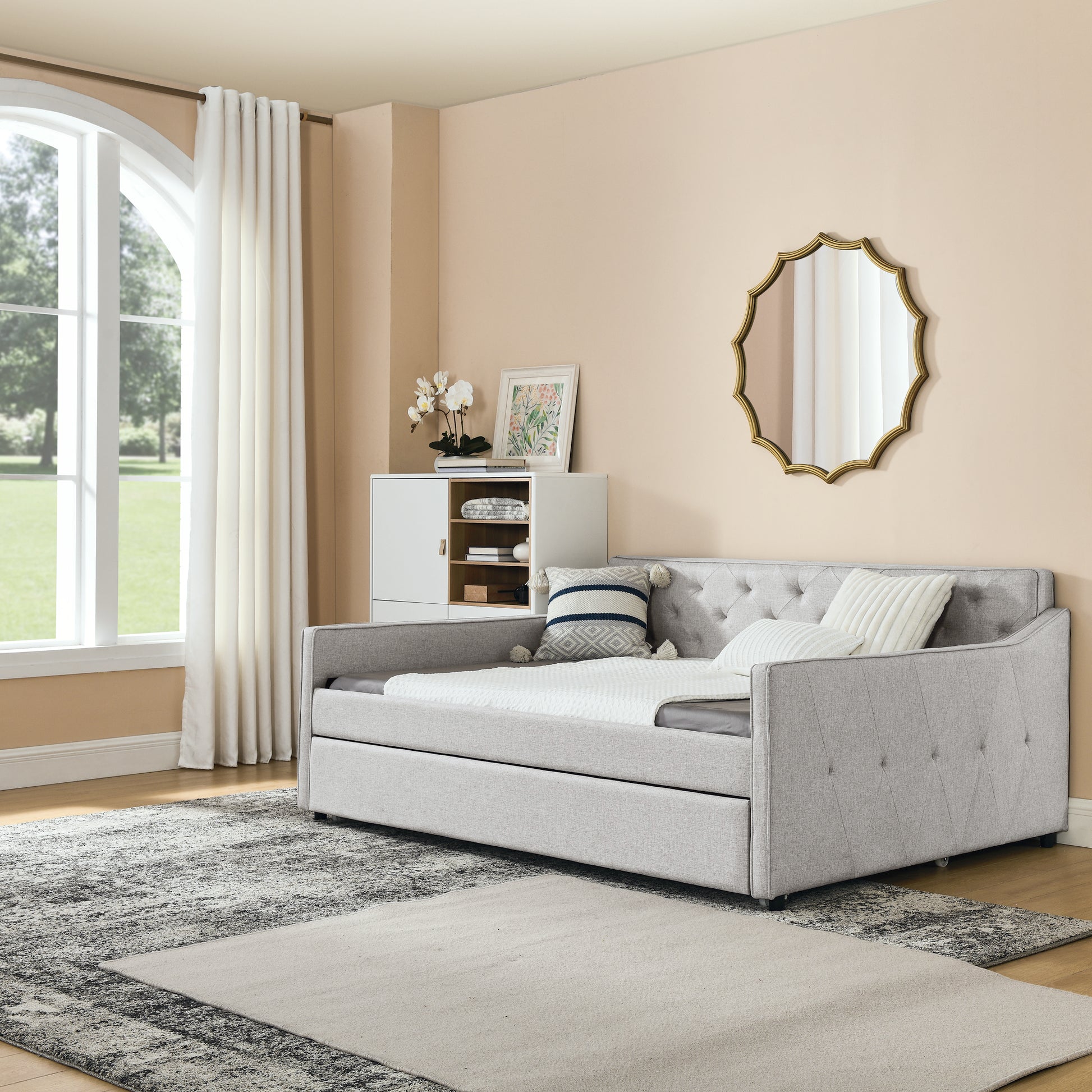 Aria Twin Size Linen Daybed & Trundle Set, Beige