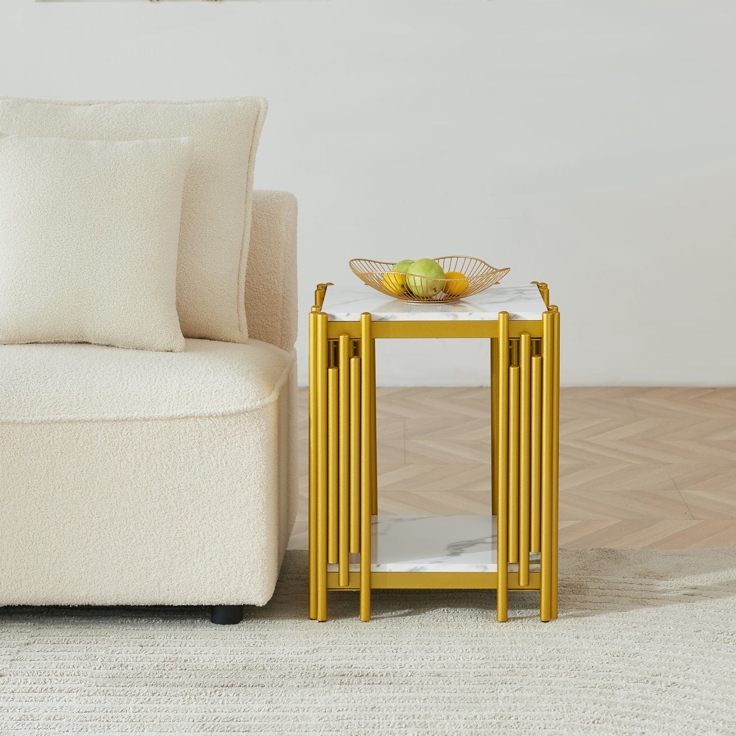 Juno Modern Round Faux Marble Side Table, Gold & White