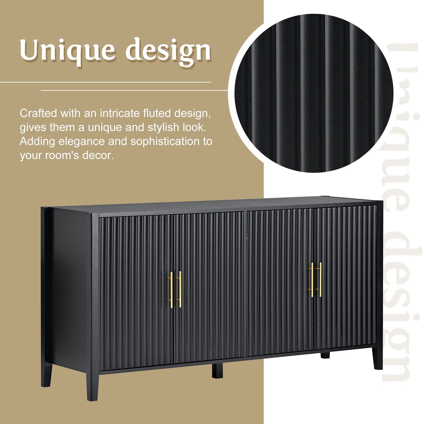 Ulric II Modern 4-Door Accent Cabinet with Gold Handle, Black