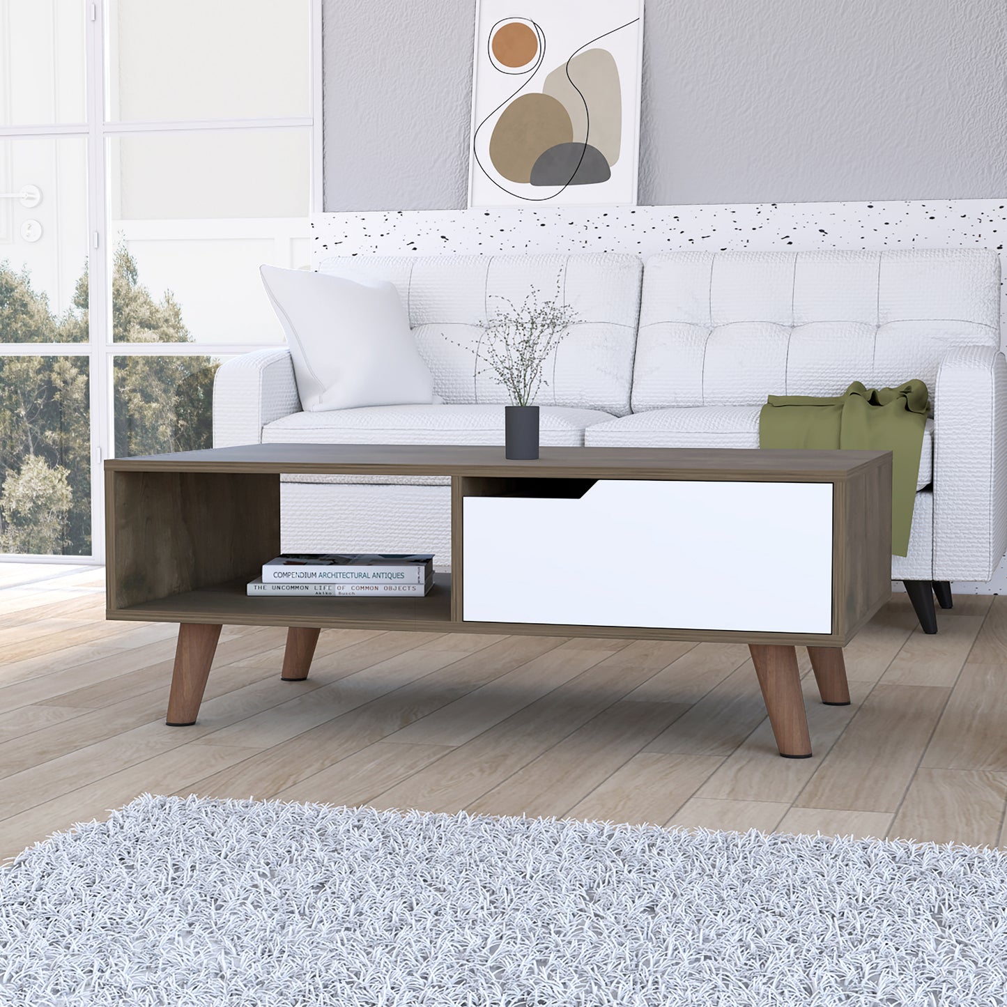 Dark Brown and White 1-Drawer 1-Shelf Rectangle Coffee Table