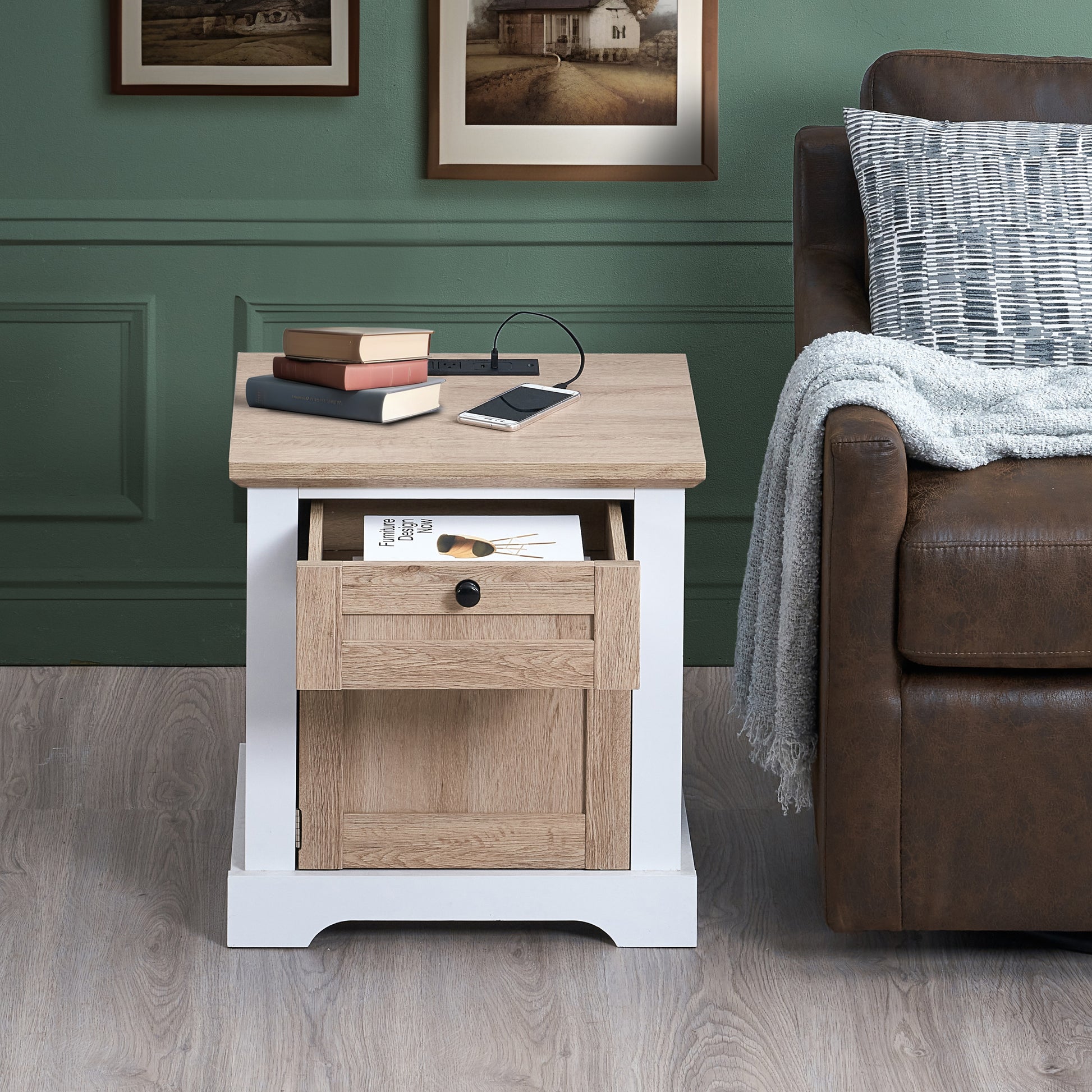 Kinsley Modern Nightstand with Charging, White & Oak