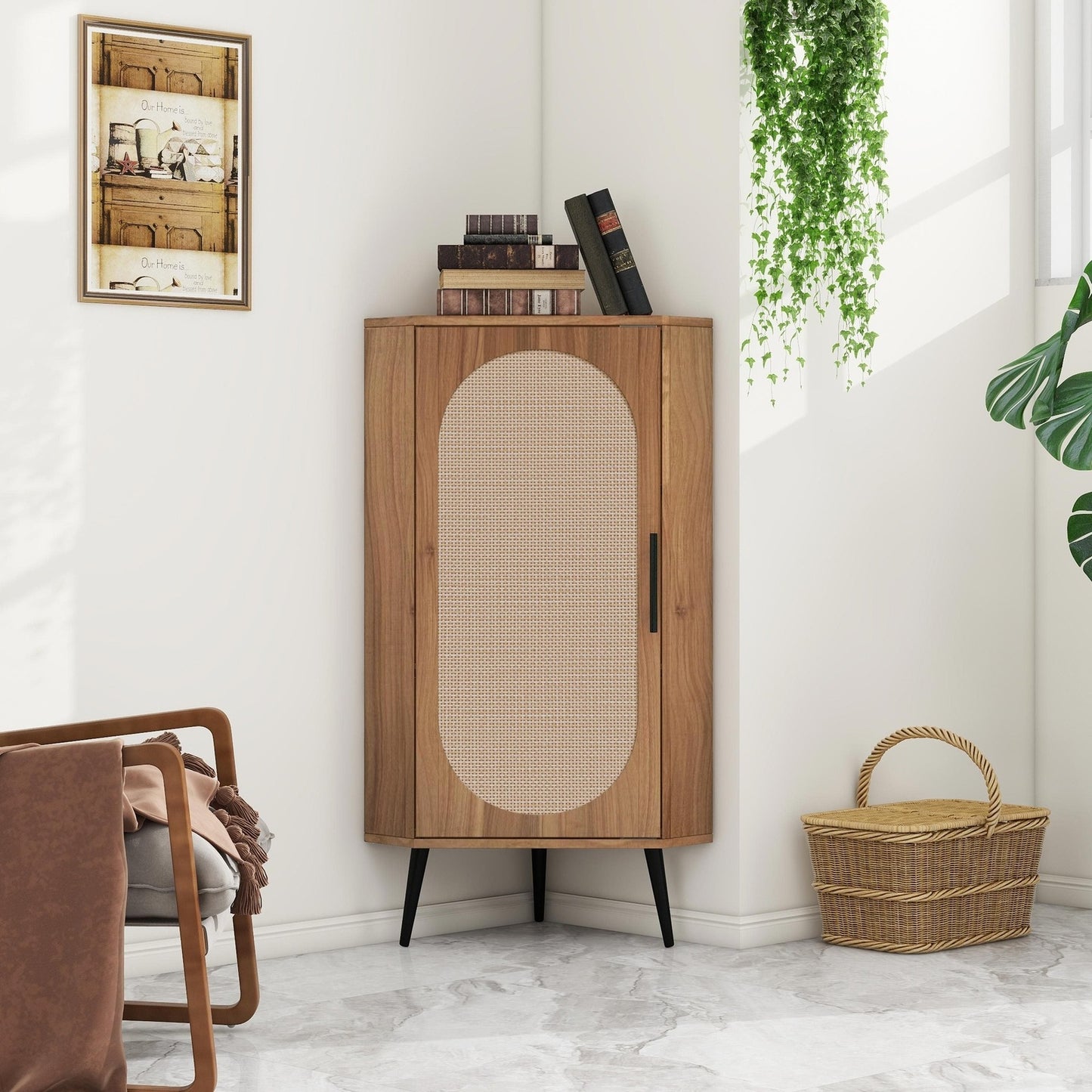 Allen Walnut Finish Corner Cabinet with Rattan Fronts