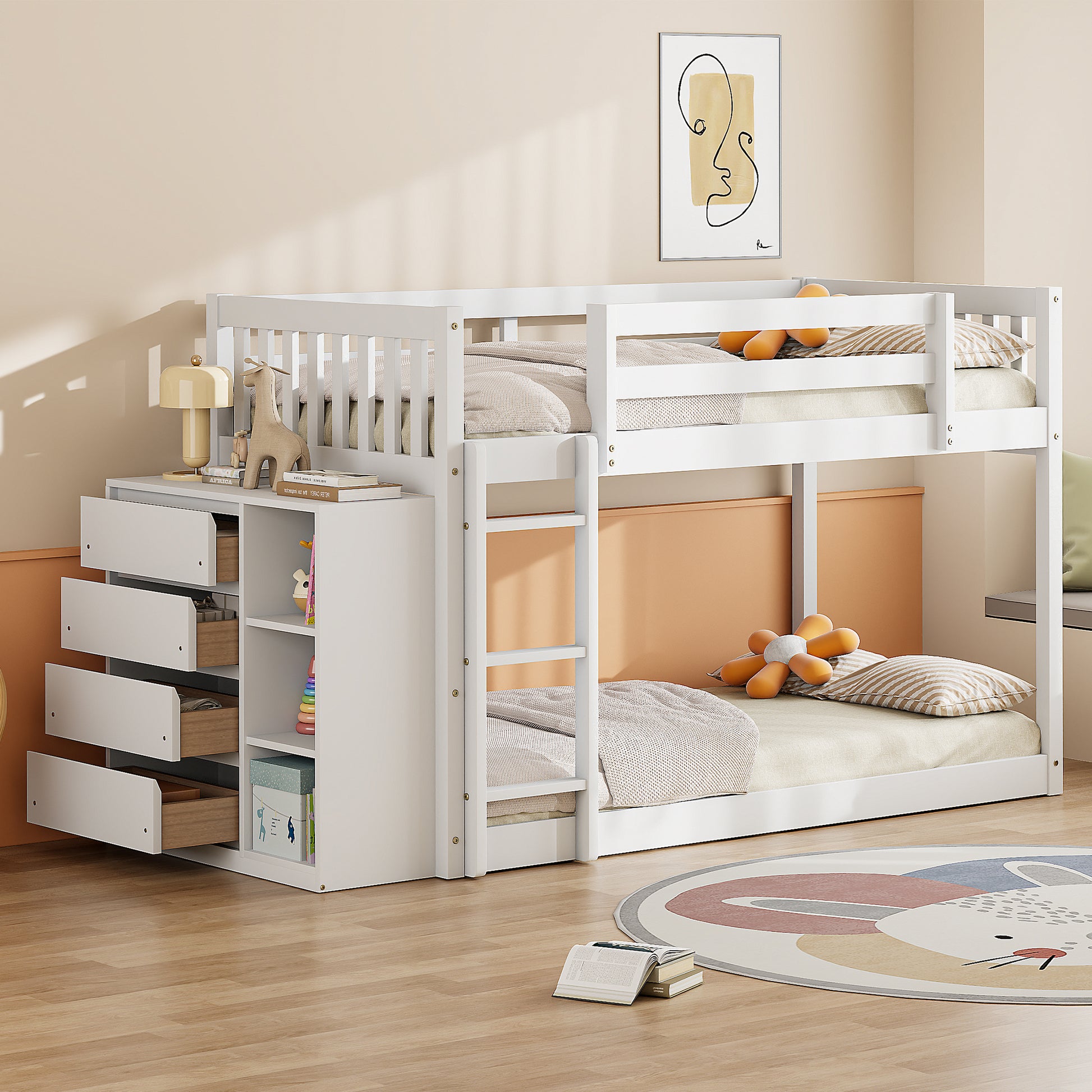 Rachel Twin over Twin Bunk Bed with 4 Drawers and 3 Shelves-White