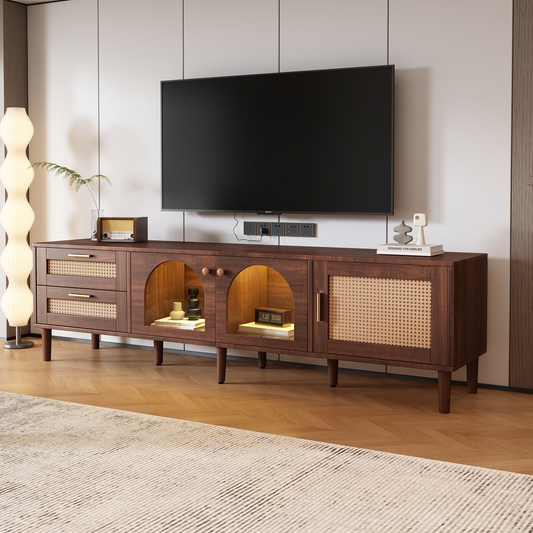 Georges Mid-Century Modern TV Stand with Rattan Doors in Dark Brown