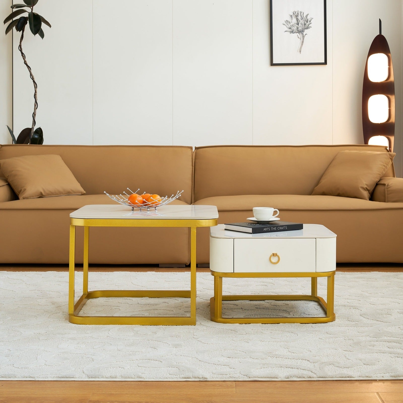 Marley Modern Faux Marble Nesting Tables, White & Gold