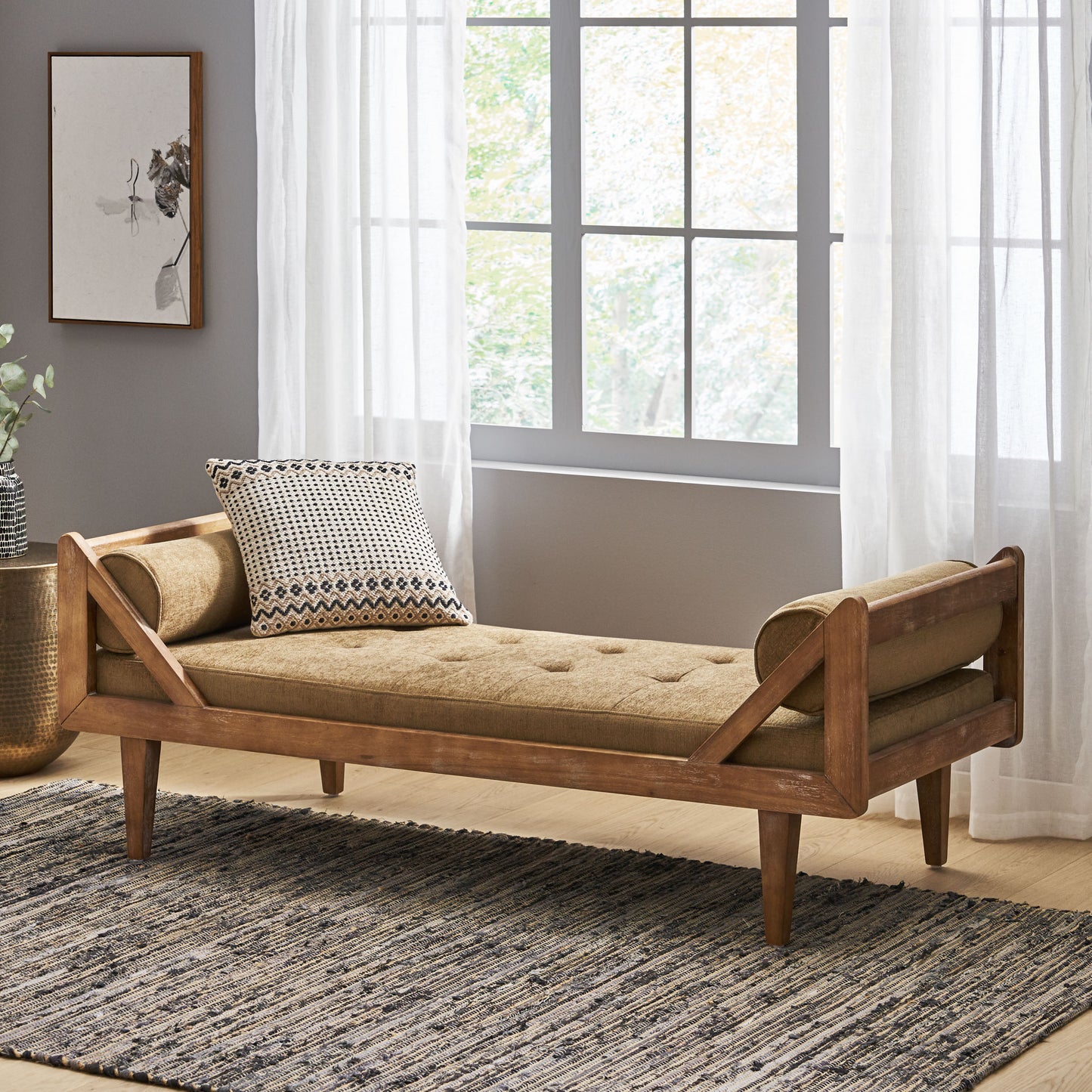 Jorja Rustic Wooden Framed Chaise Lounge with Beige Cushion