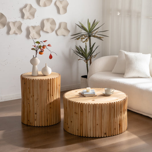 Ripley 2-Piece Round Vertical Relief Coffee Table Set, Natural