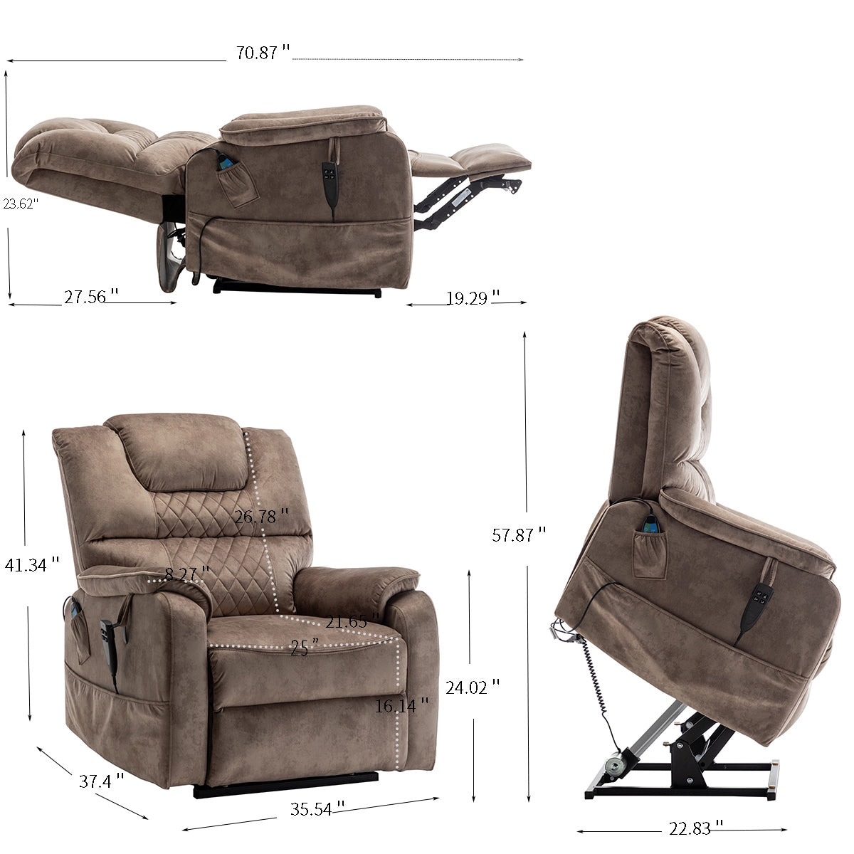 Ophira Velvet Power Lift Chair with Pocket, Brown