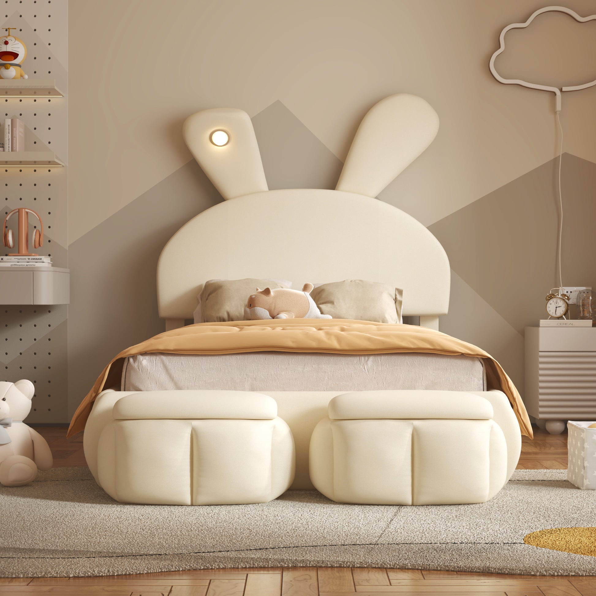 Tomo Twin Size Upholstered Platform Bed with Cartoon Ears Shaped Headboard and Light, Beige