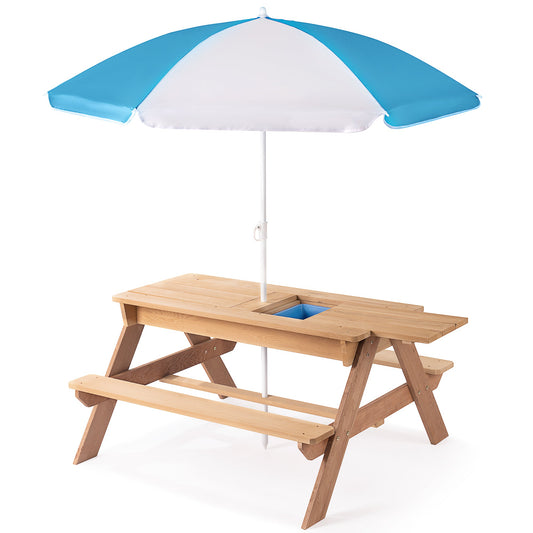 3-in-1 Kids Outdoor Wooden Picnic Table With Umbrella