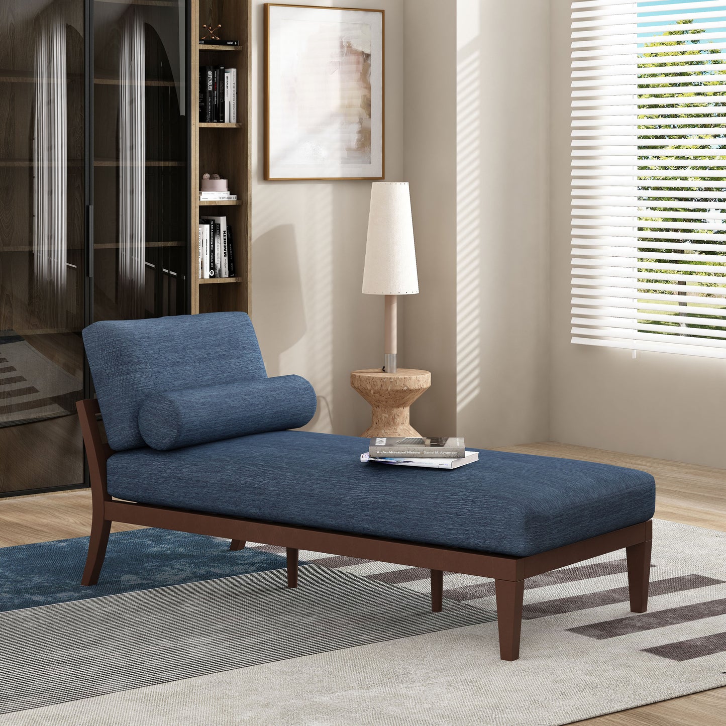 Lucille Mid-Century Modern Chaise Lounge, Blue & Brown