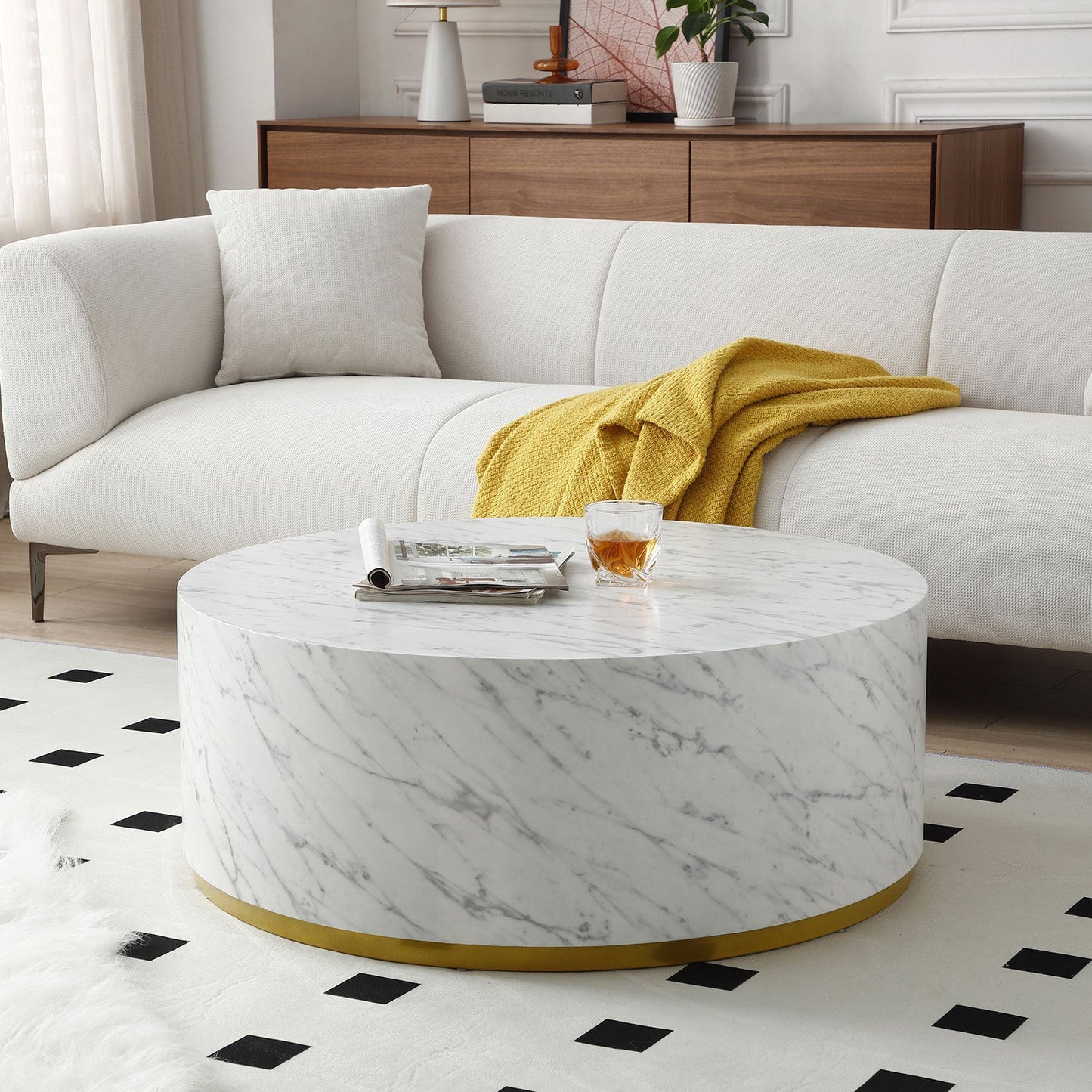 Esme Modern Round Faux Marble Coffee Table with Gold Base, White