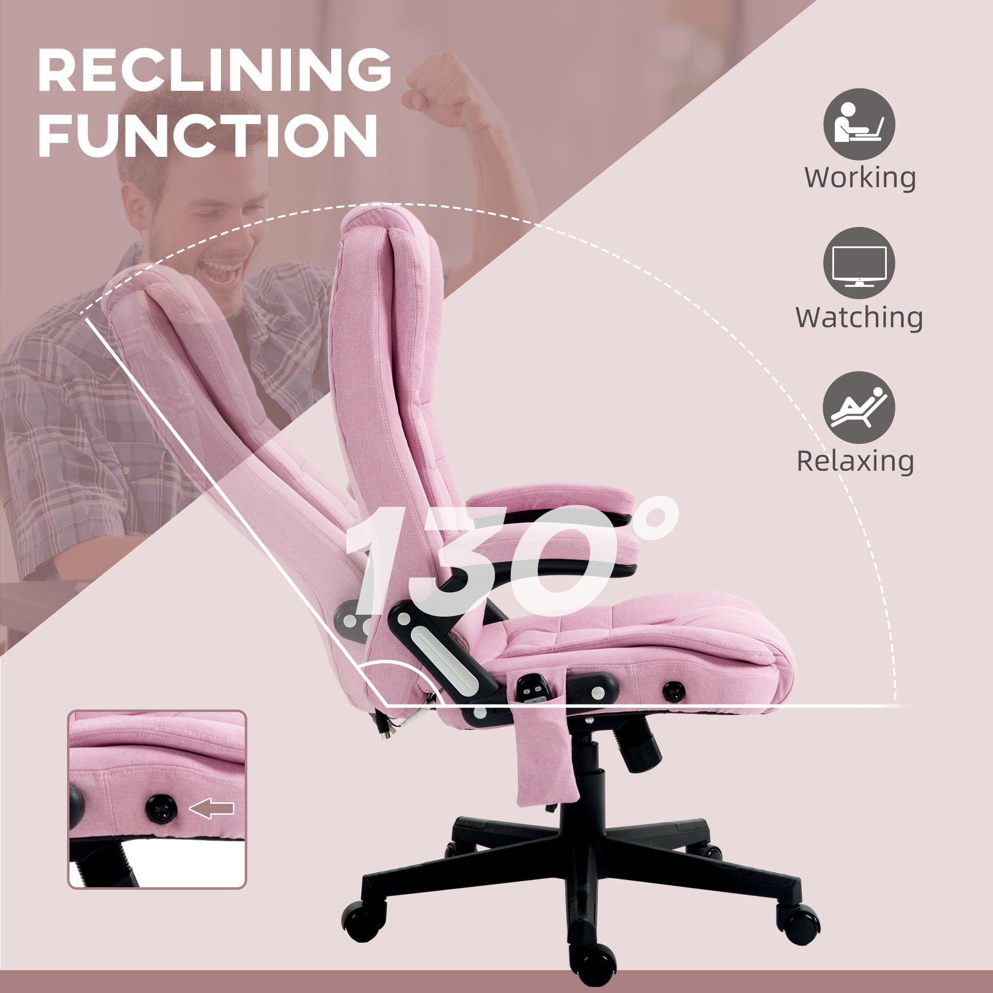 Sydney 6 Point Massage & Heat Linen Office Chair, Pink