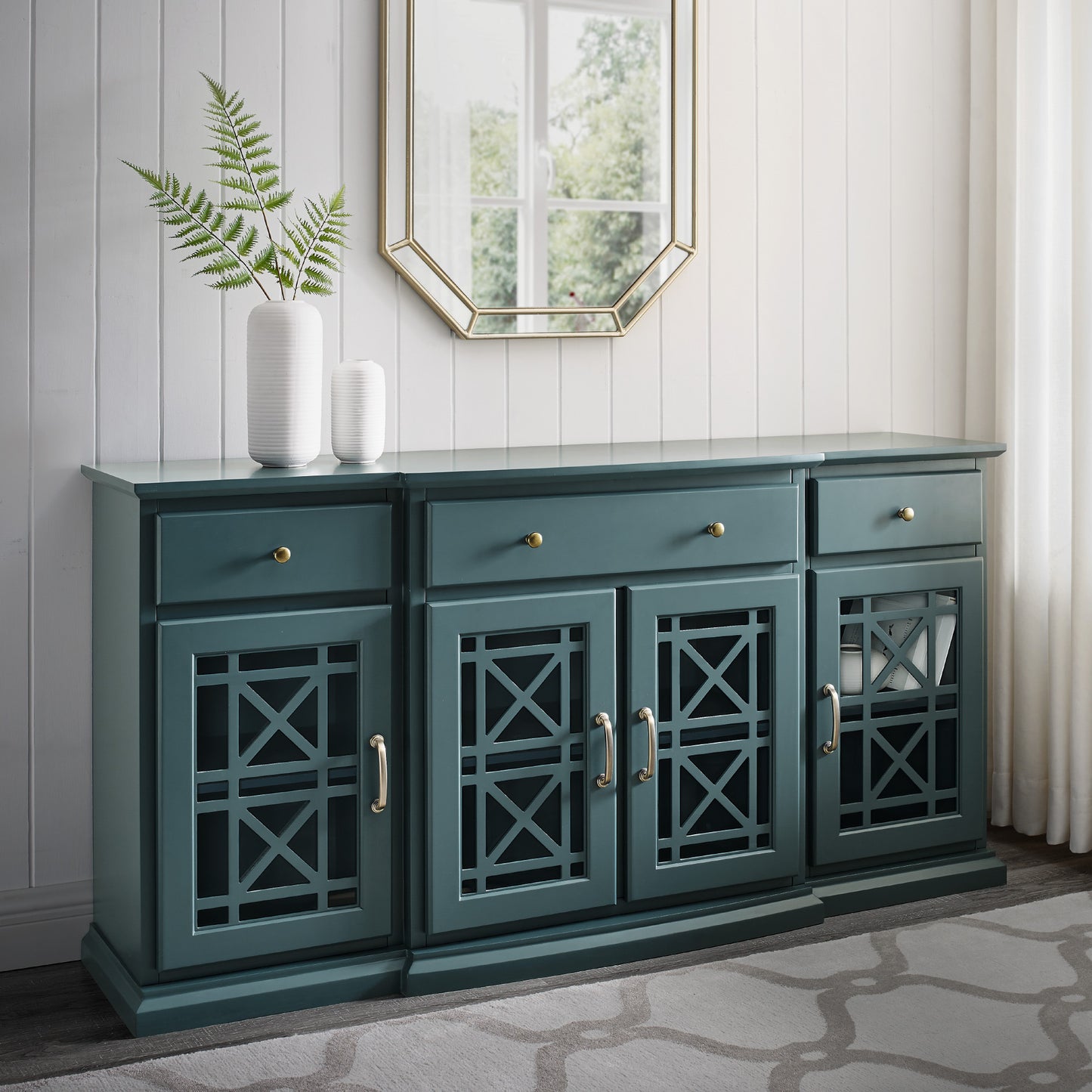 Faye Classic Fretwork Detailed Glass-Door Sideboard - Dark Teal