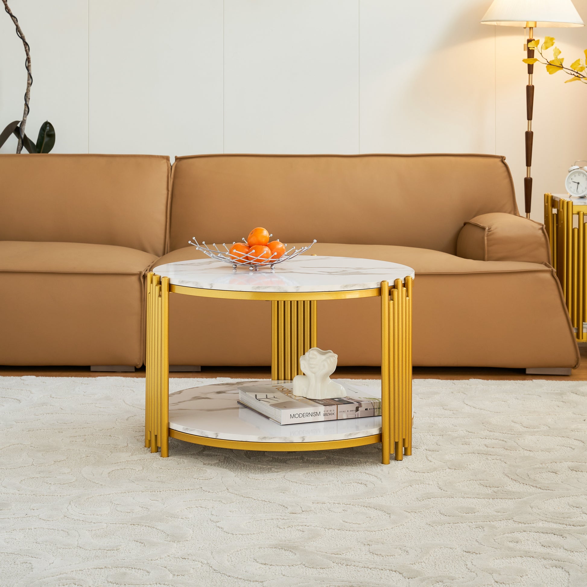 Juno Modern Round Faux Marble Coffee Table, Gold & White