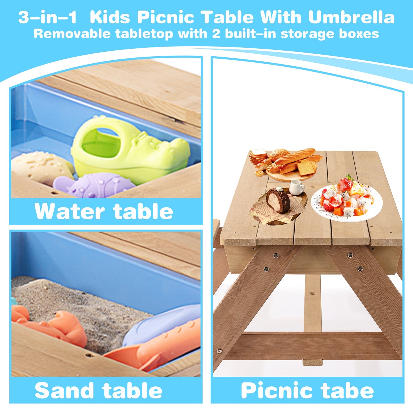 3-in-1 Kids Outdoor Wooden Picnic Table With Umbrella