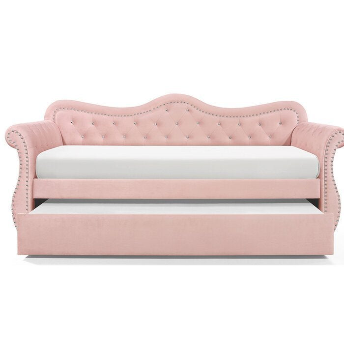 Galaxy Home Abby Upholstered Velvet Wood Daybed with Trundle in Pink