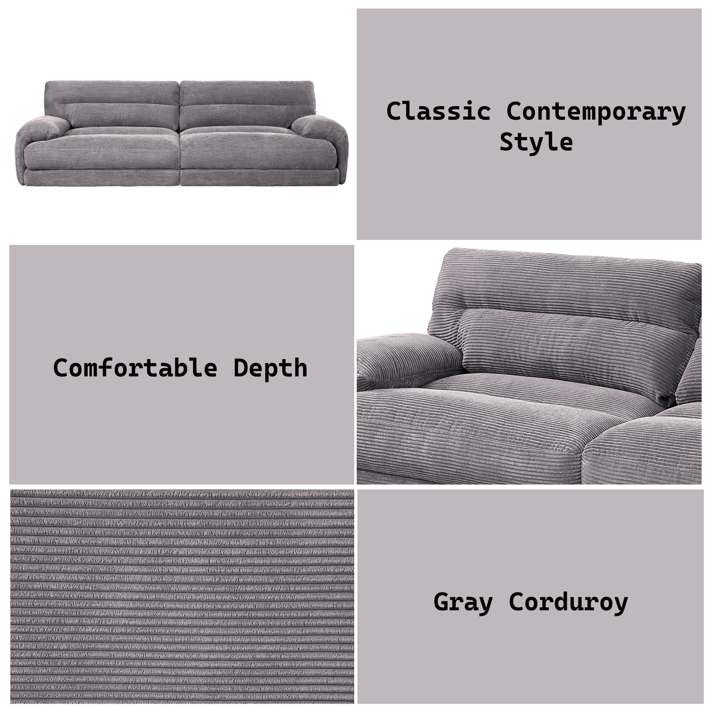 Cadenza 114" Modern Gray Corduroy Sofa