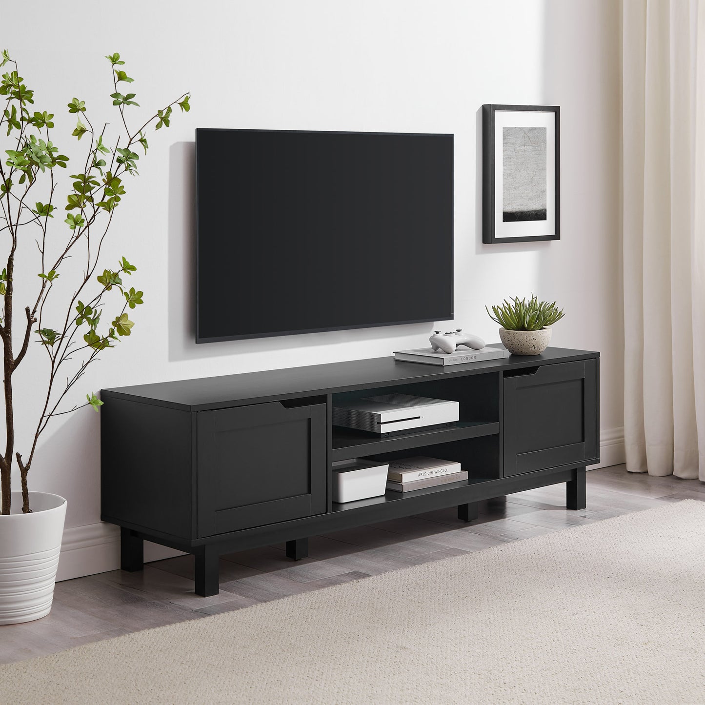 Laurel Modern 2-Door Open Storage TV Stand for TVs up to 65 inches – Solid Black