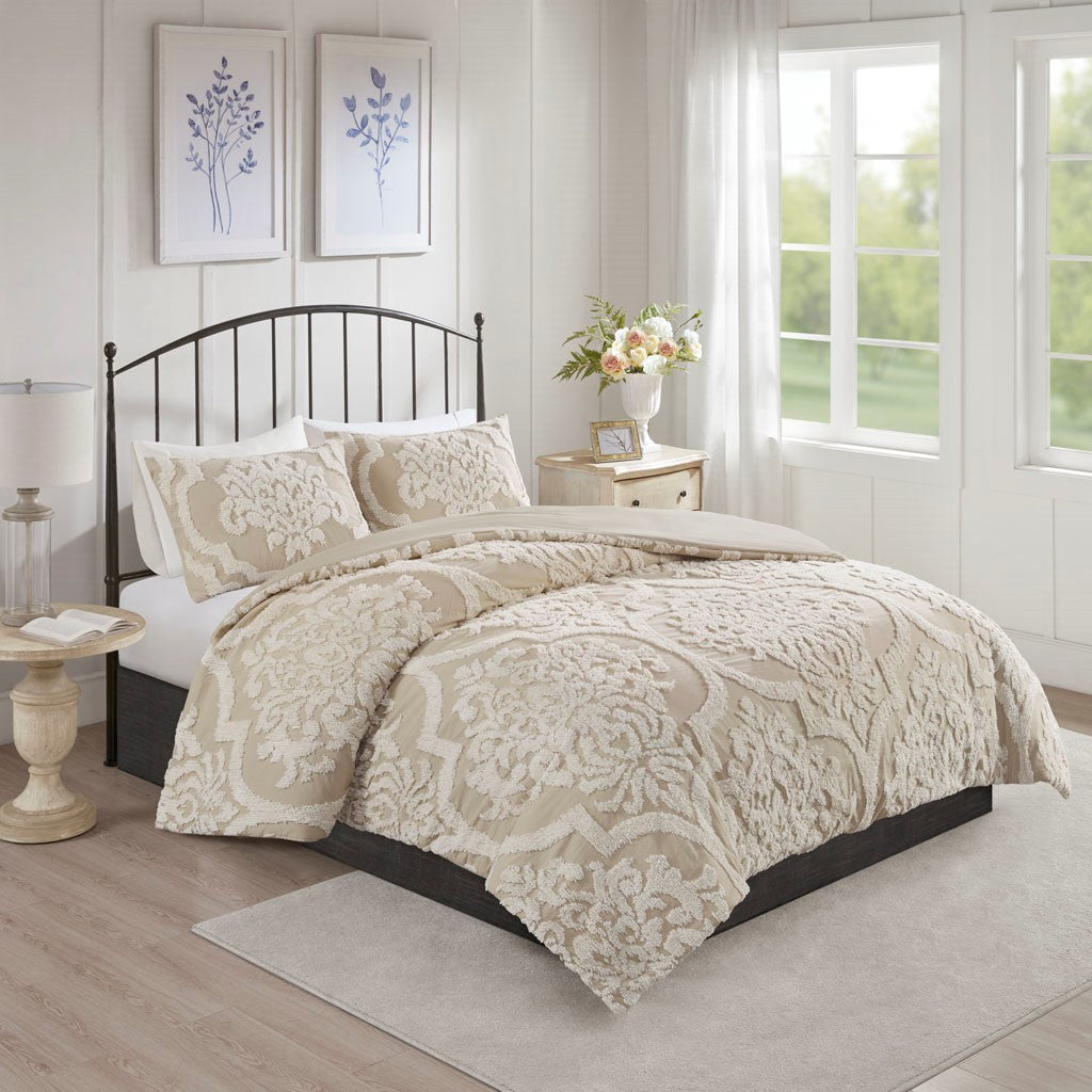 3 piece Tufted Cotton Chenille Damask Duvet Cover Set