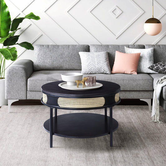 Black Round Coffee Table with Bottom Shelf