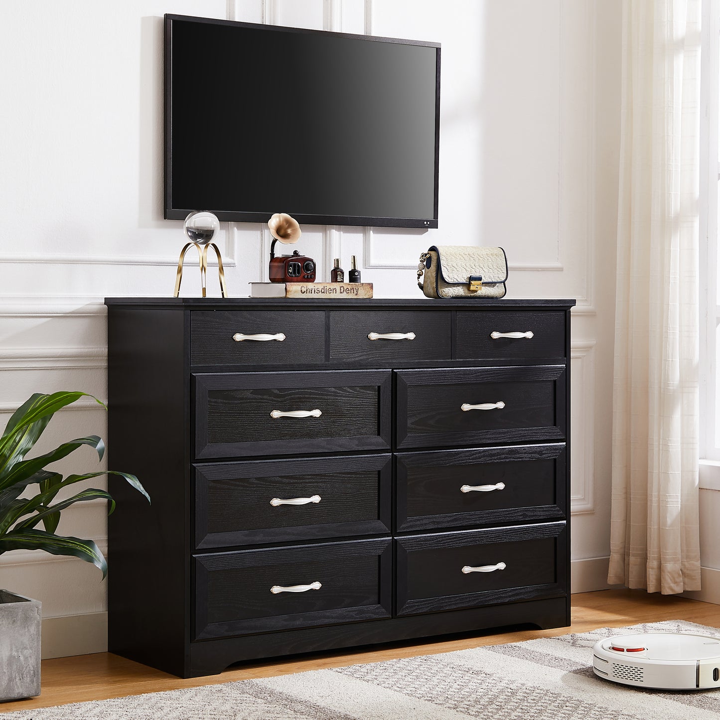 Brant Transitional 9-Drawer White Dresser, Black