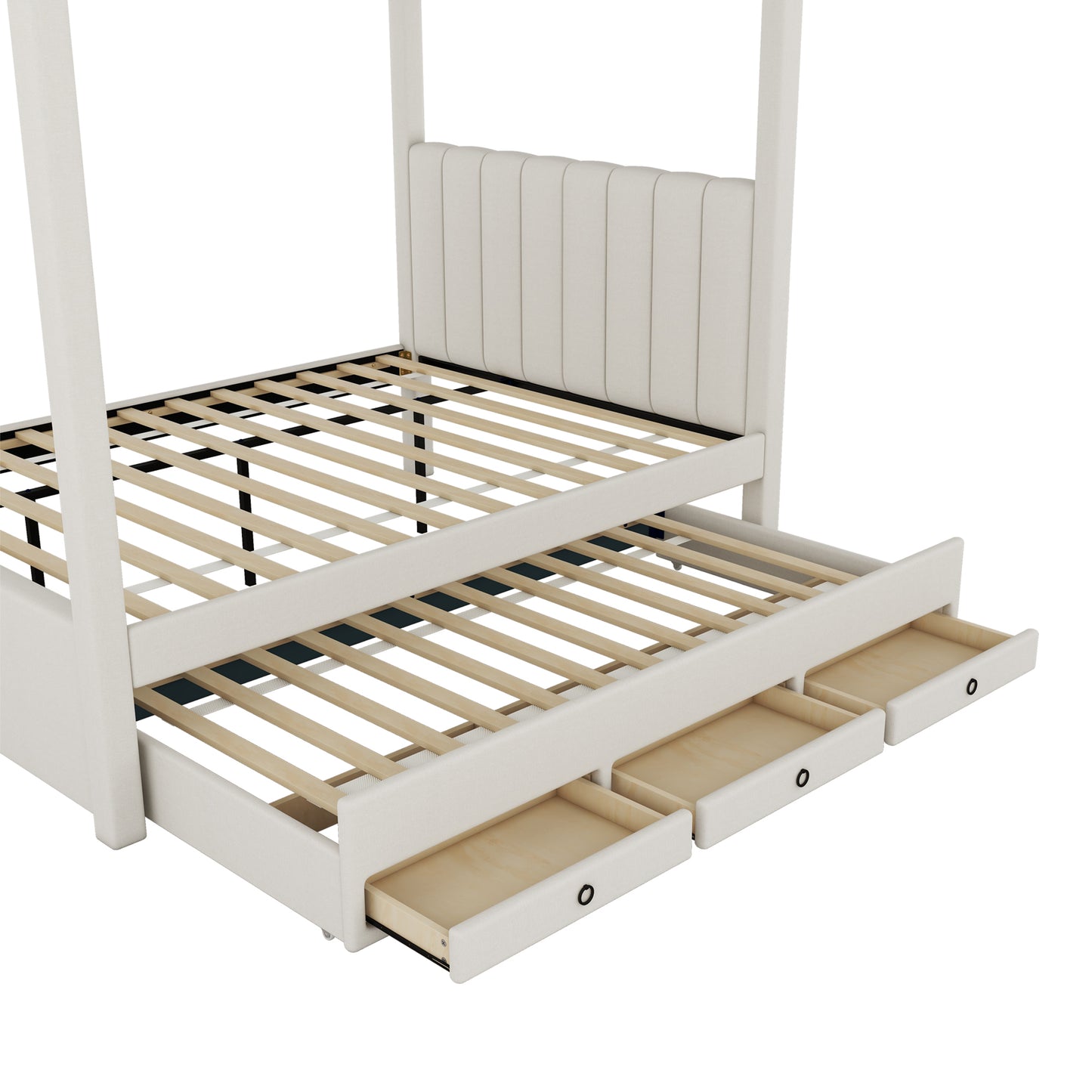 Nami Canopy Platform Bed with Trundle and Three Storage Drawers, Beige