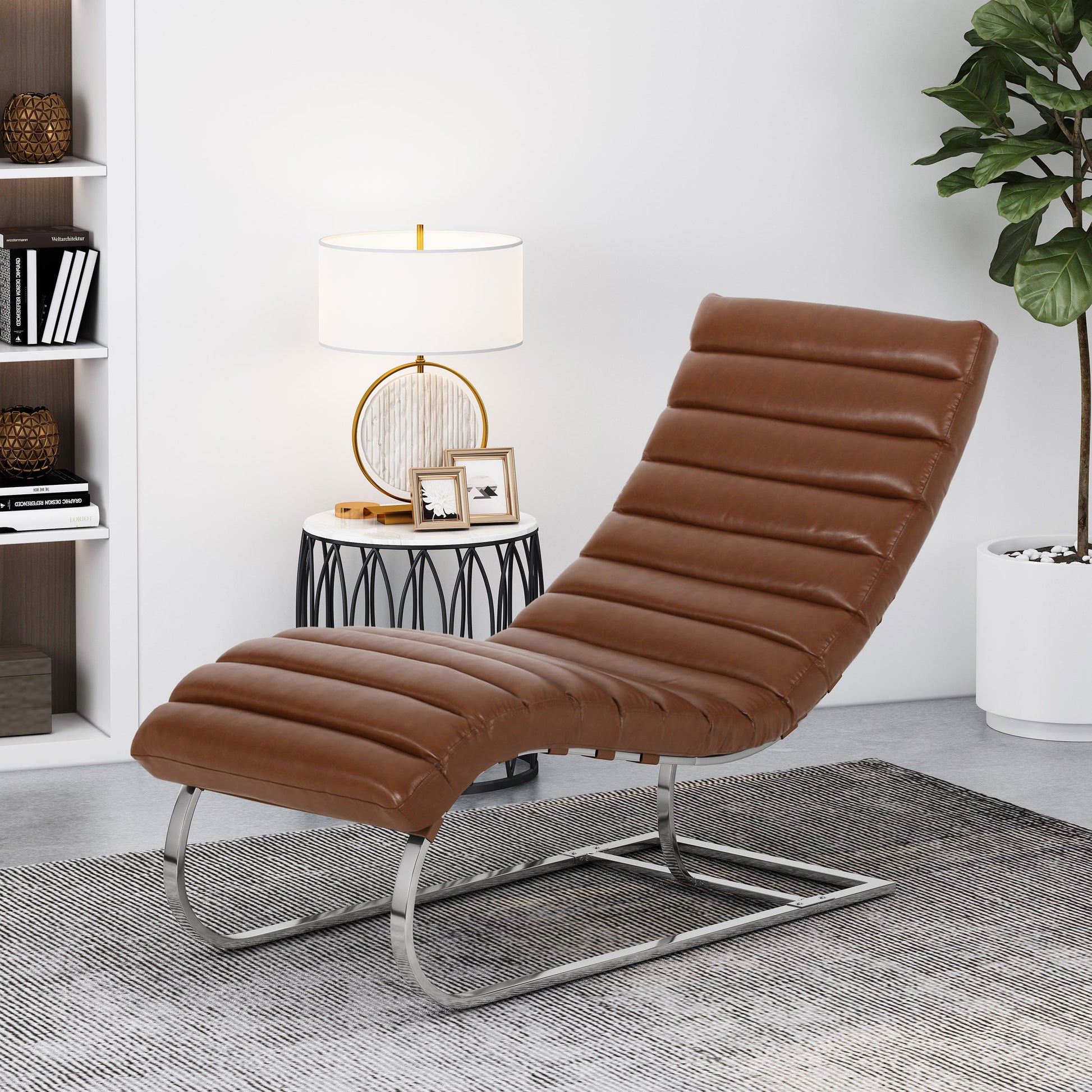 Galina Modern S-Chaise in PU Leather with Silver Legs, Light Brown