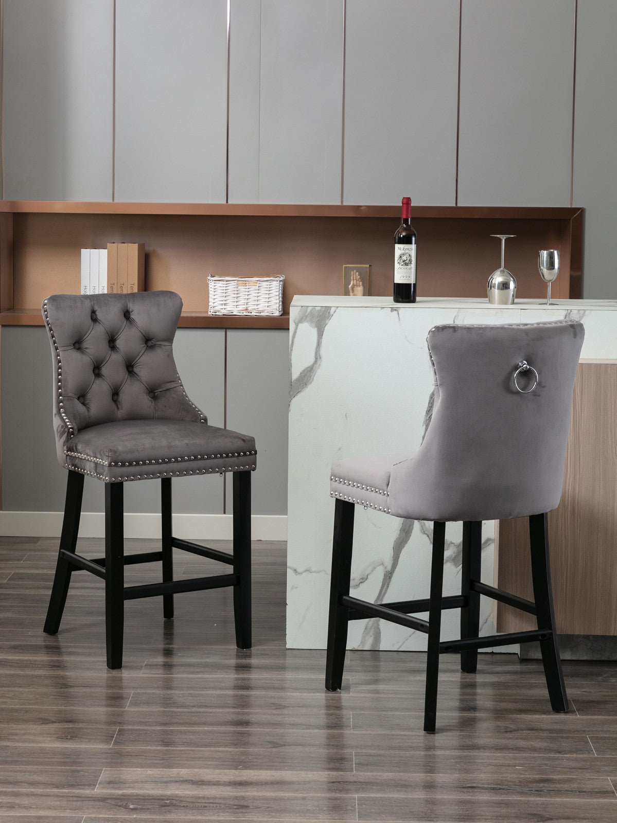 Nella 26" Velvet Counter Height Bar Stools with Black Legs Set of 2 Gray