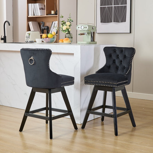 Vespera Swivel Velvet Barstools with Button Tufted Decoration and Wooden Legs Set of 2