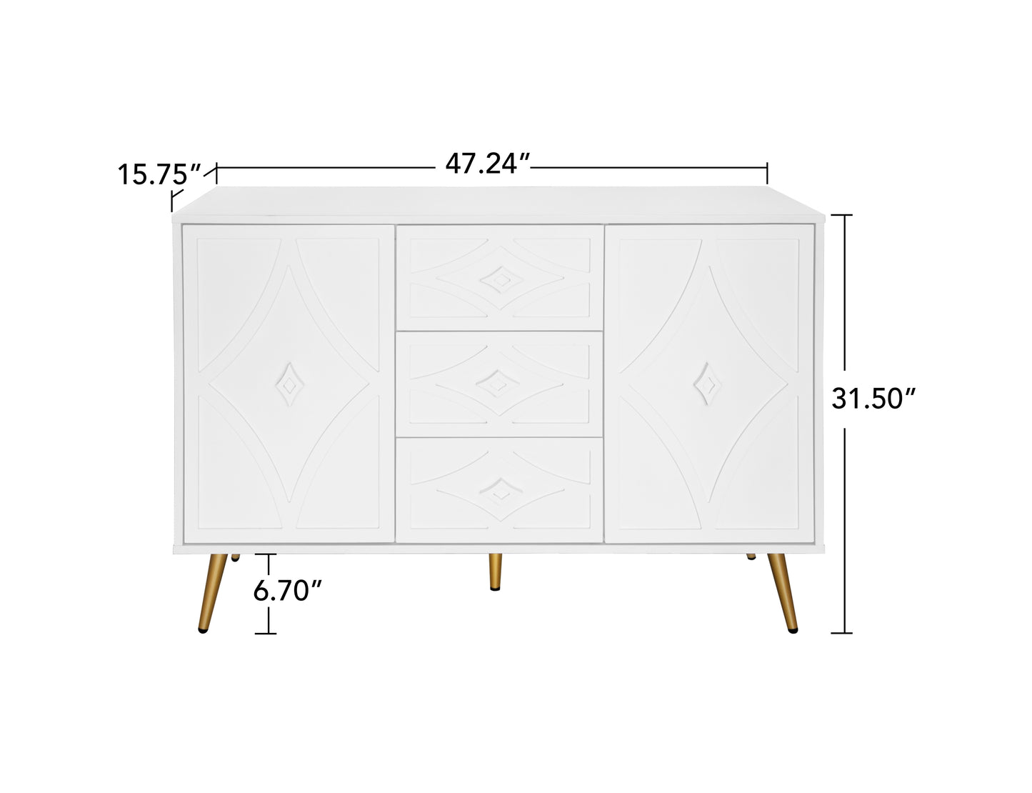 Ellery Diamond Carved Wooden Cabinet with Gold Legs, White