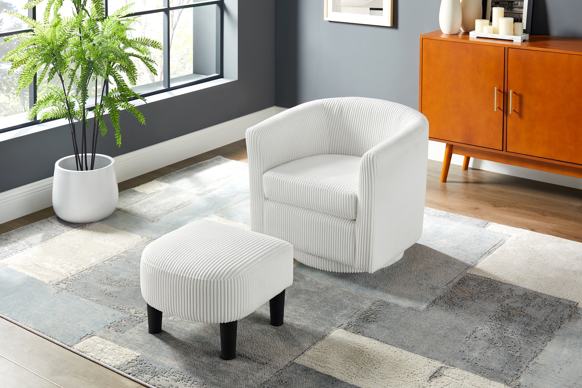 Xara Modern Corduroy Upholstered Chair & Ottoman Set, White