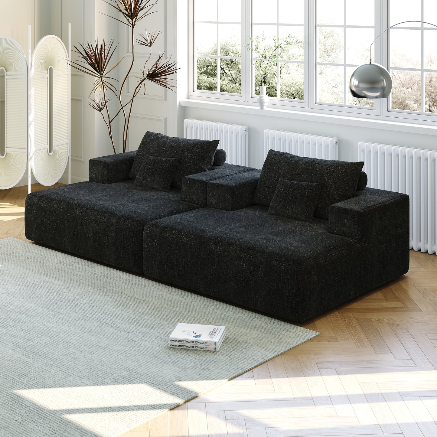 50-inch Chenille Sponge Sofa Lounge Black Fluffy Modern Sleeper Chair