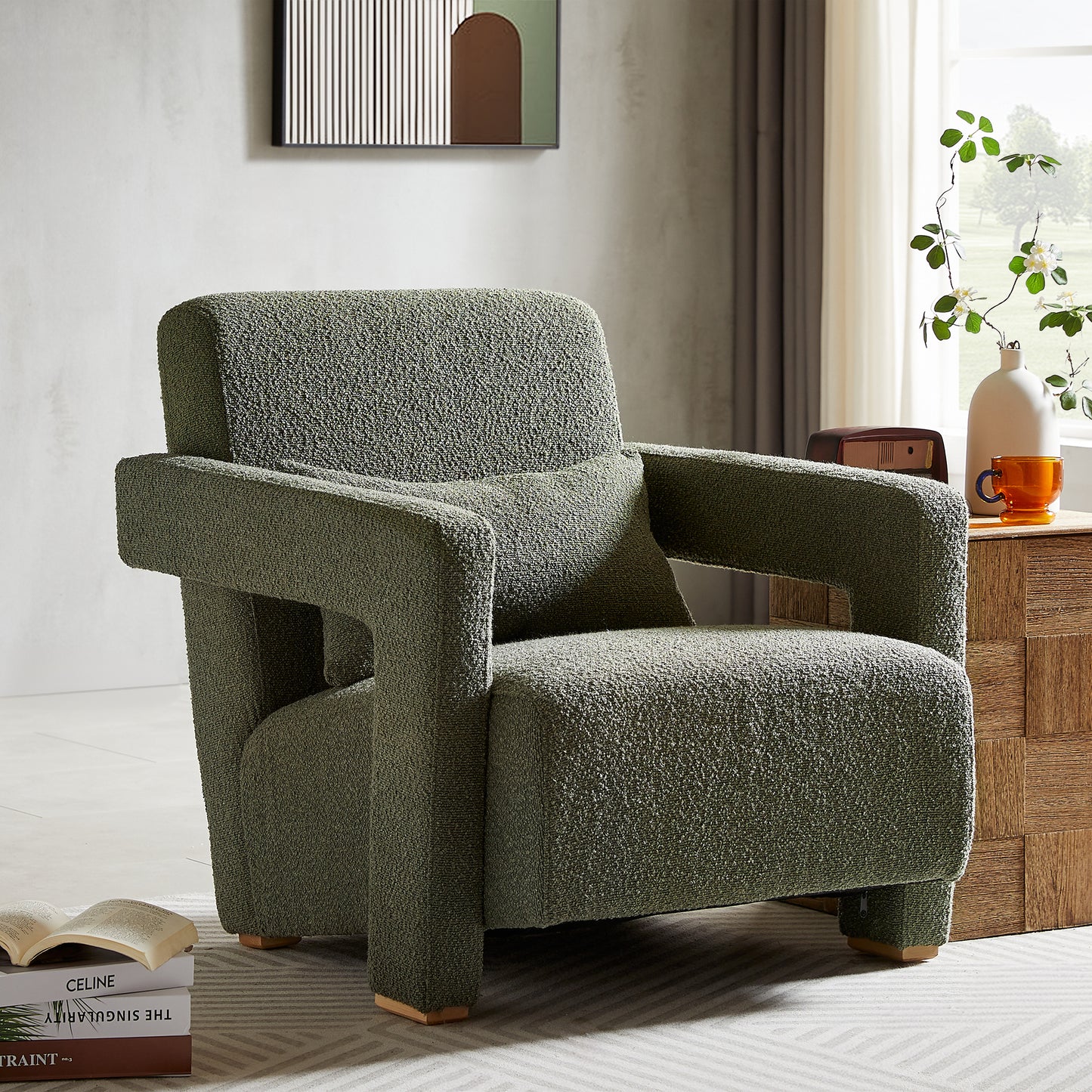 Axel Mid-Century Modern Boucle Arm Chair with Lumbar Pillow, Green