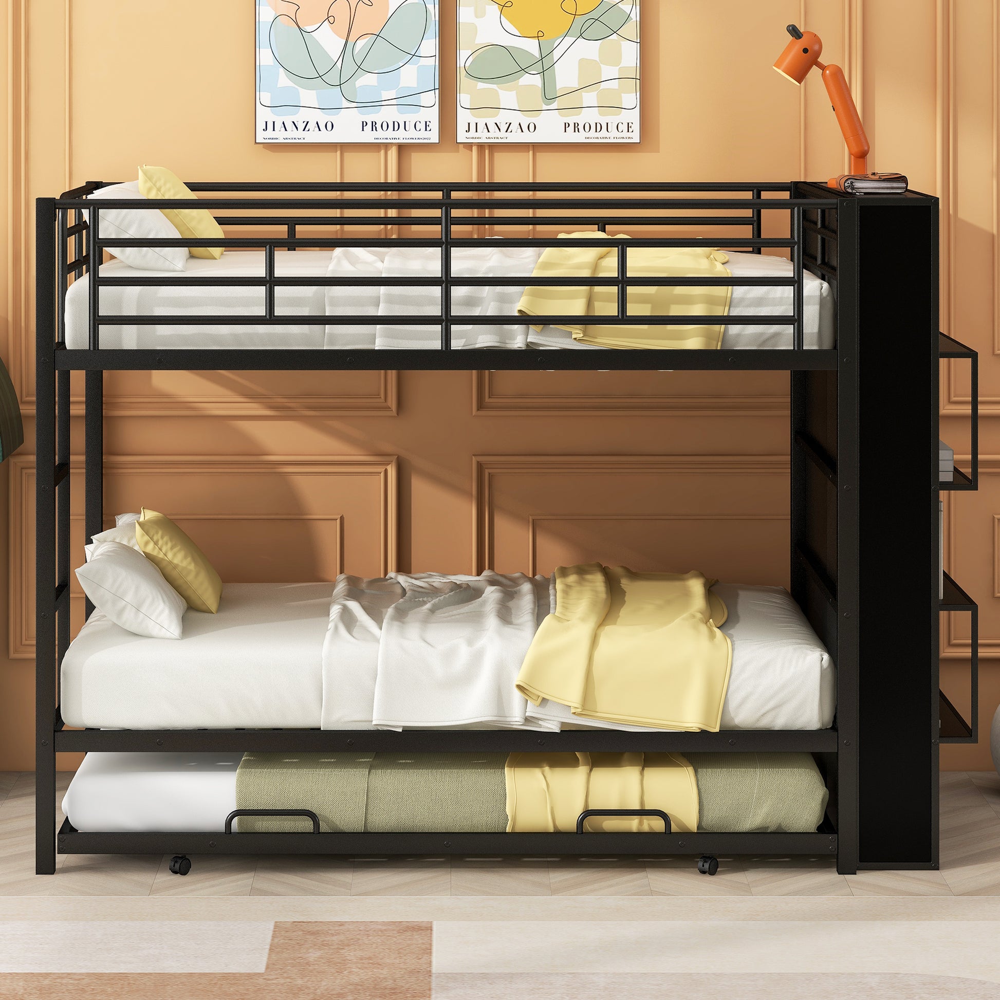 Lauren Twin Bunk Bed with Trundle & Bookcase, Black