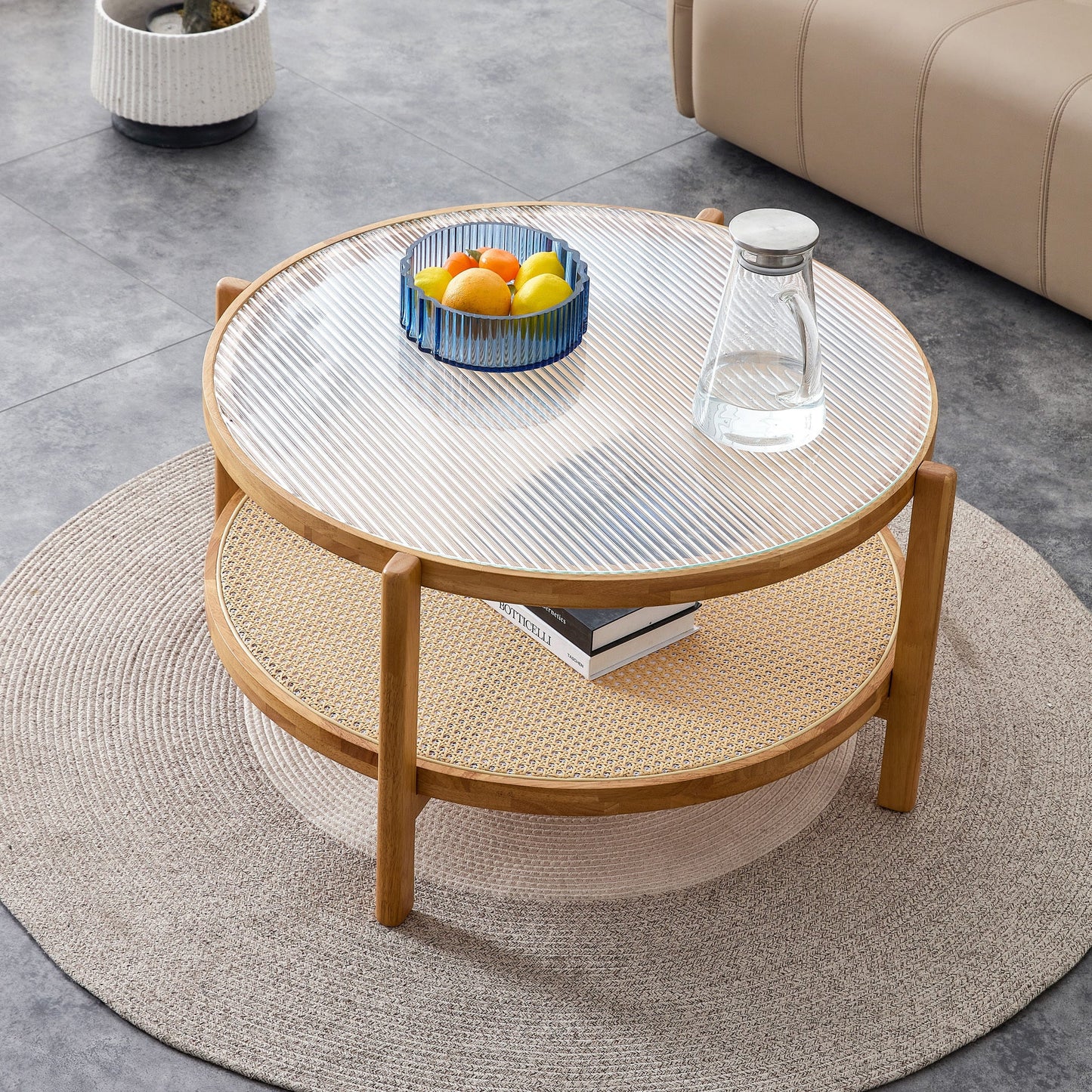 Wilma Mid-Century Modern Coffee Table with Glass Top - Natural