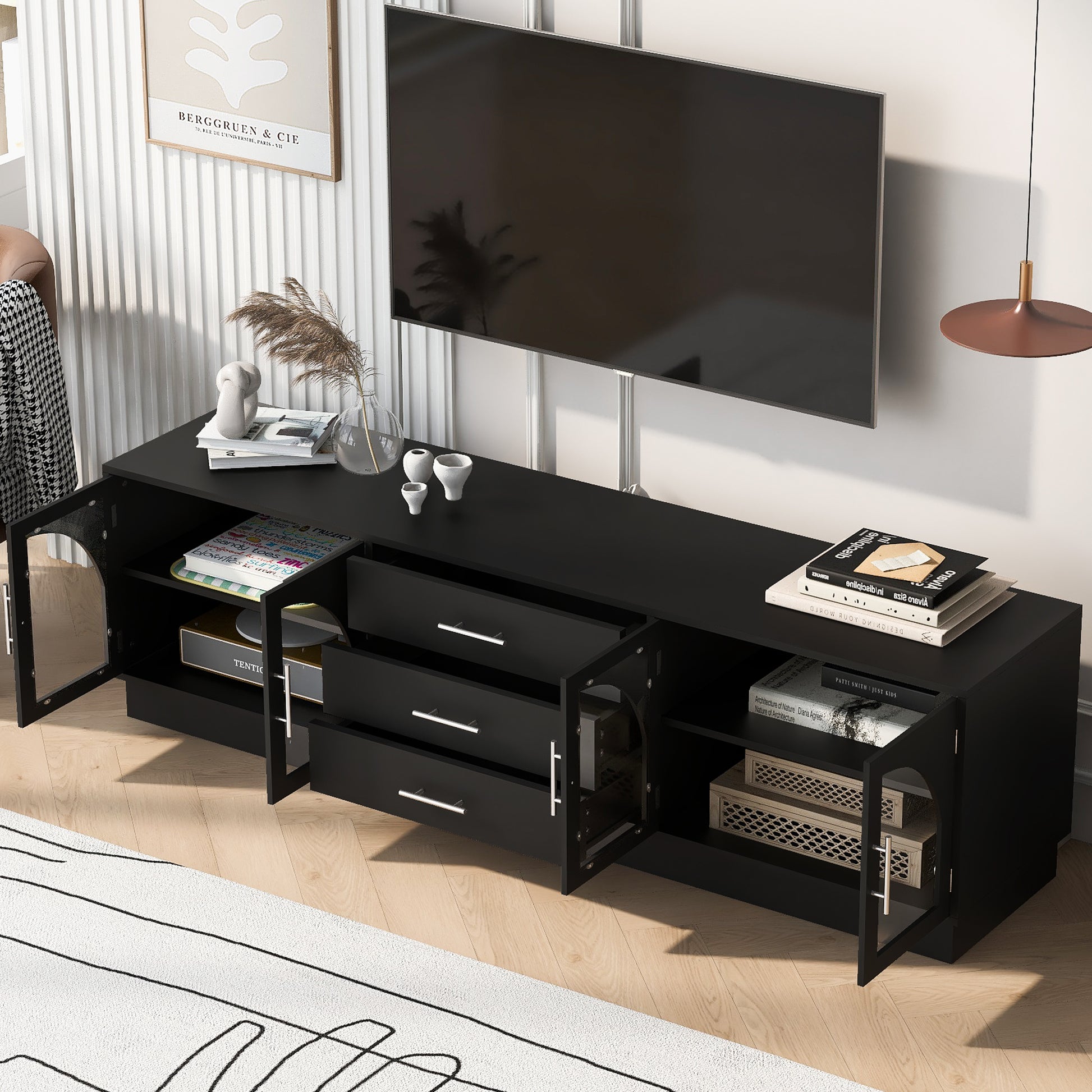 Hawthorne Modern TV Stand with Center Media Console, Black