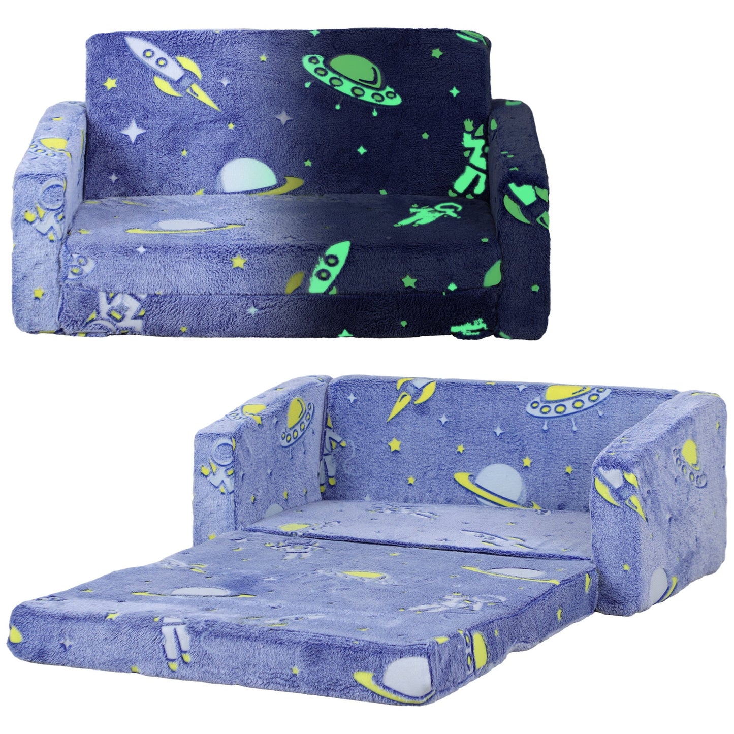 2 in 1 Kids Sofa Chair, Toddler Couch with Glow in The Dark Cosmic Patten, Washable Cover