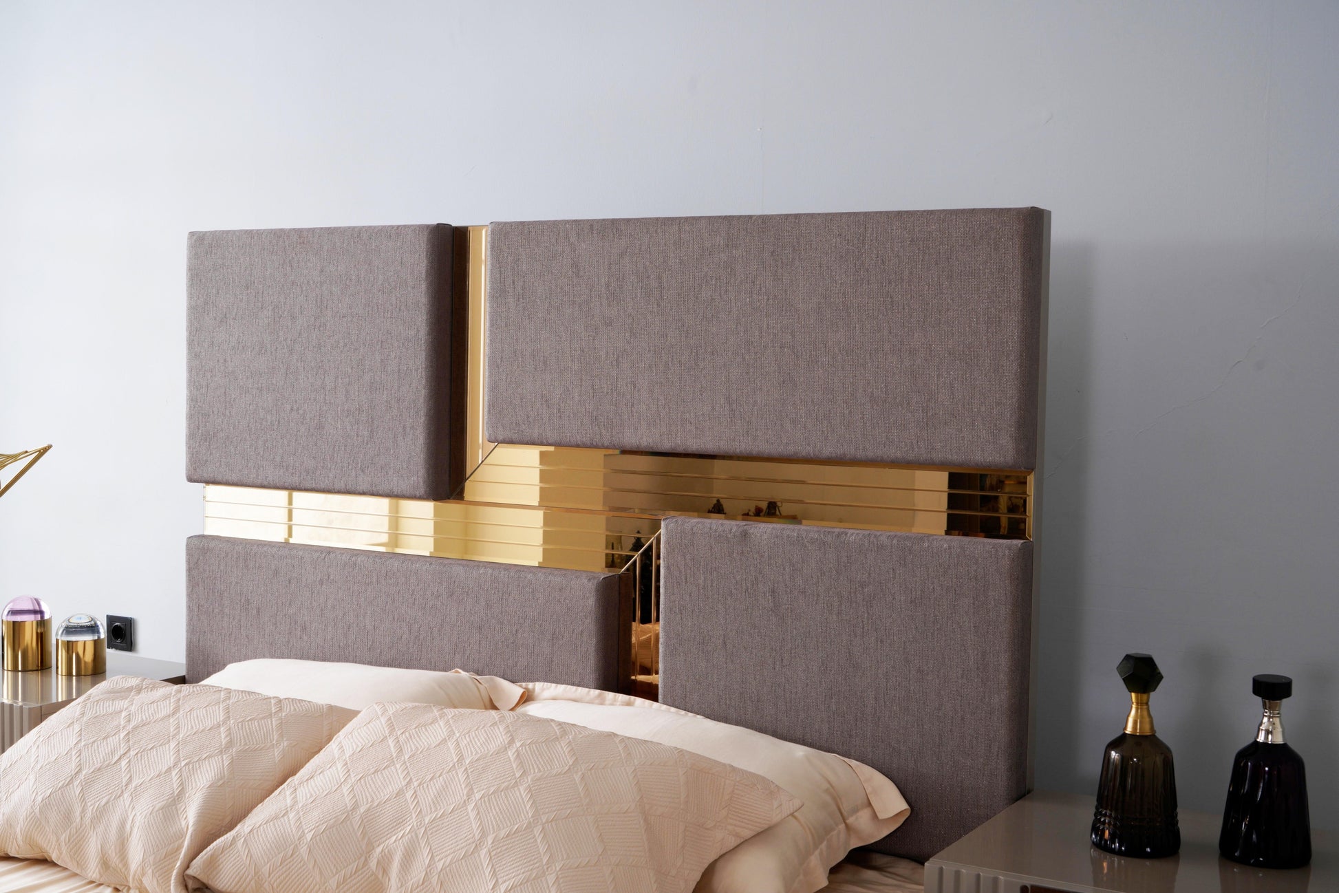 Lorenzo Queen Size Glam Bed in Gray with Mirrored Gold Accent Panels