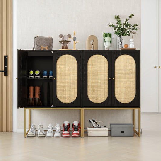 Allen Set of 2 High Cabinets in Black with Rattan Doors & Gold Legs