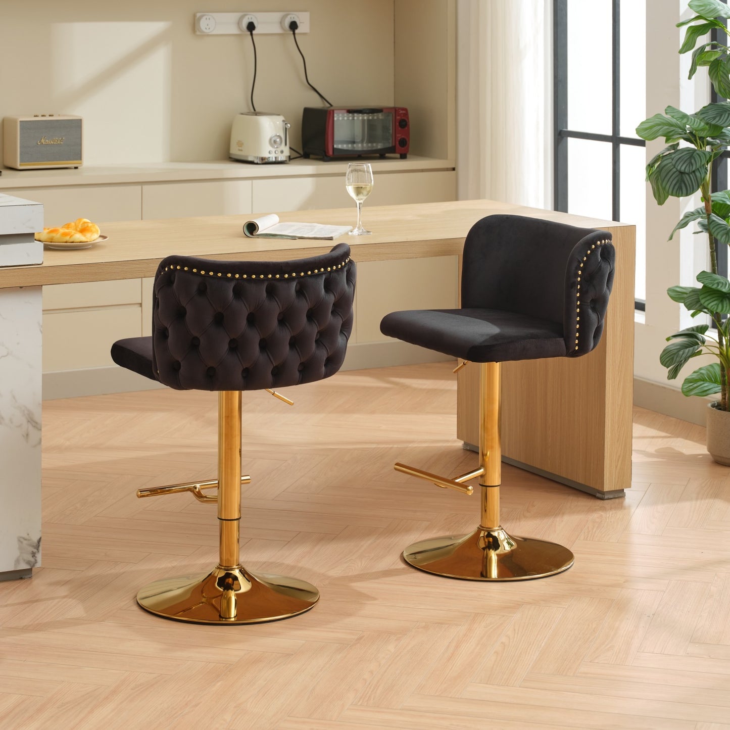 Junia Velvet Tufted Adjustable Height Bar Stools Set of 2 Black