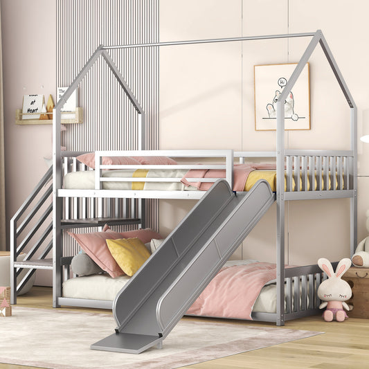 Daniel Twin over Twin Metal Bunk Bed House Bed with Slide and Staircase, Silver