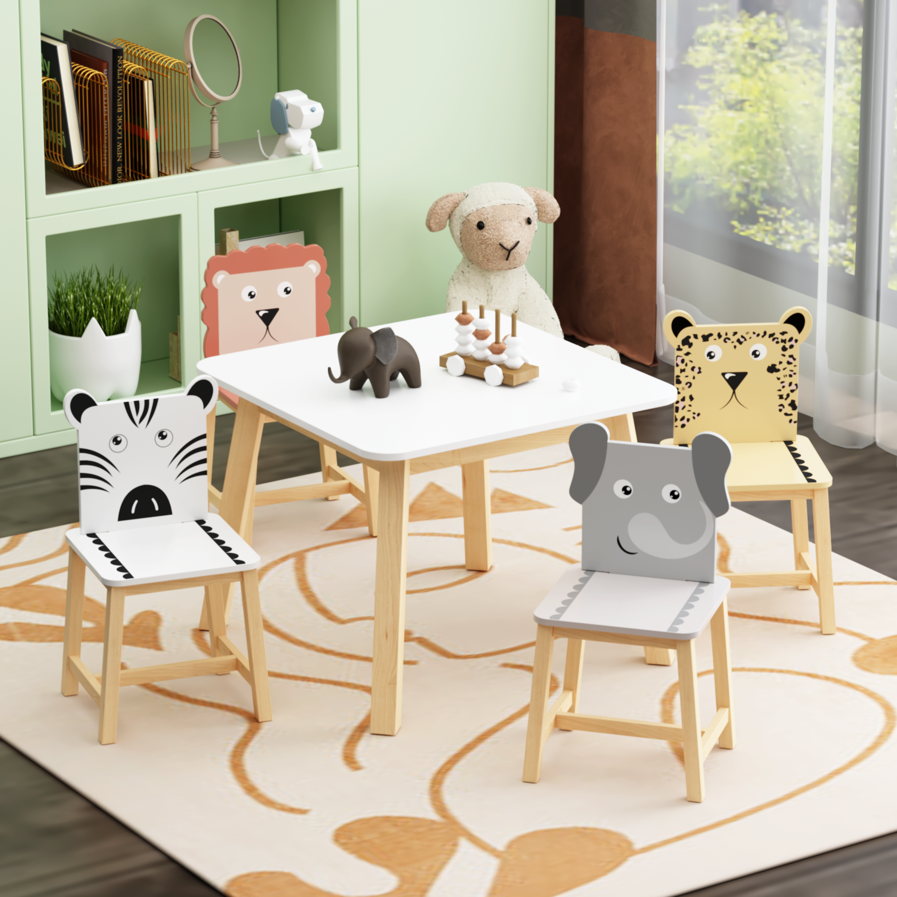 5 Piece Kiddy Table and Chair Set , Kids Wood Table with 4 Chairs Set Cartoon Animals bigger table 3-8 years old