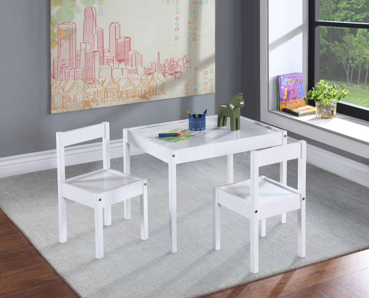 Della 3-Piece Solid Wood Kids Table & Two Chair Set, White