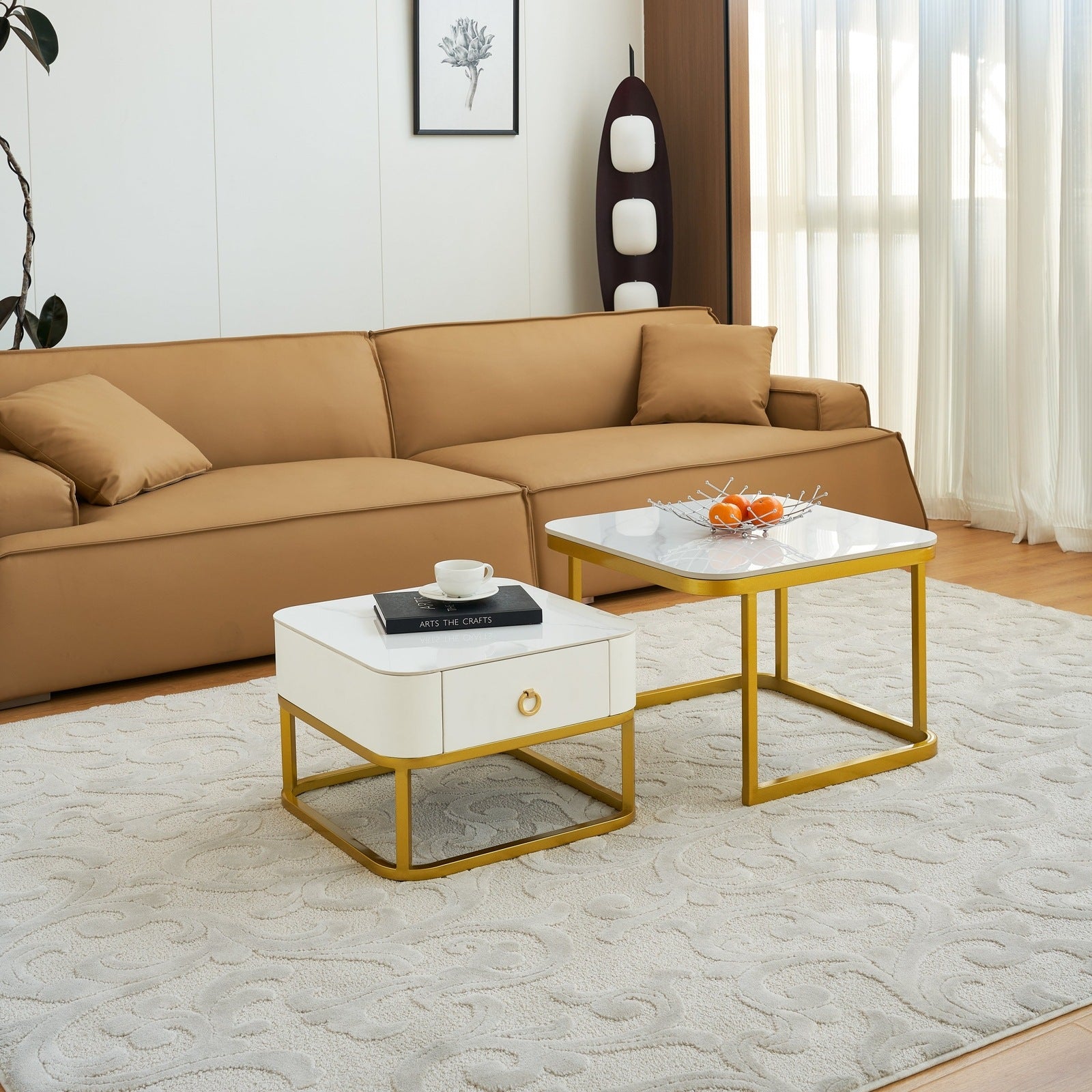 Marley Modern Faux Marble Nesting Tables, White & Gold